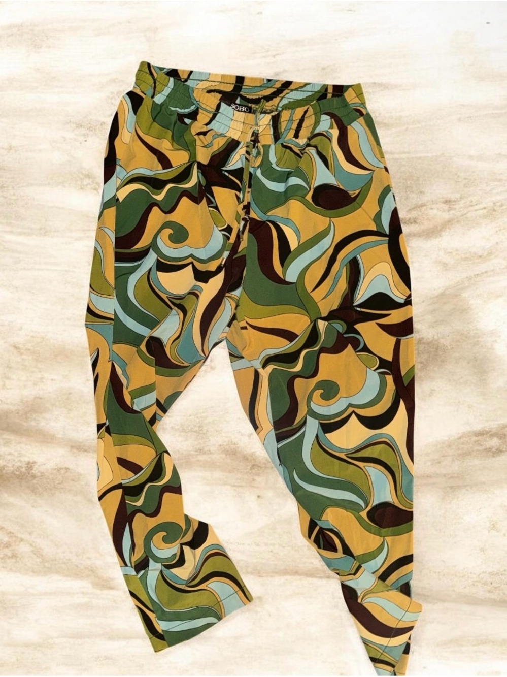 Soho Swirl-Print Joggers in Mustard, Olive & Teal